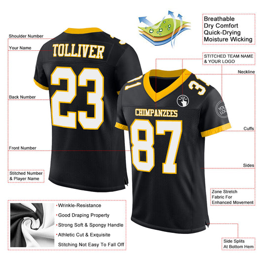 Custom Black White-Gold Mesh Authentic Football Jersey - Sky-Custom
