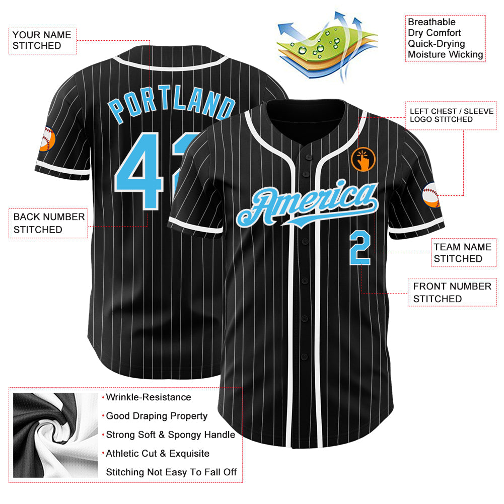 Custom Black White Pinstripe-Sky Blue Authentic Baseball Jersey - Sky-Custom