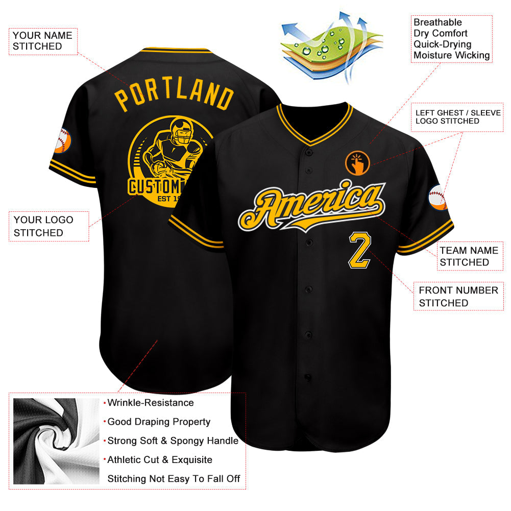 Custom Black Gold-Yellow Authentic Baseball Jersey - Sky-Custom