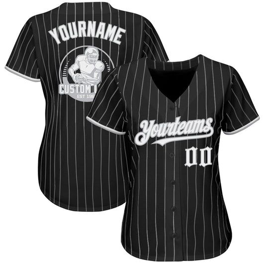 Custom Black Gray Pinstripe White Authentic Baseball Jersey - Sky-Custom