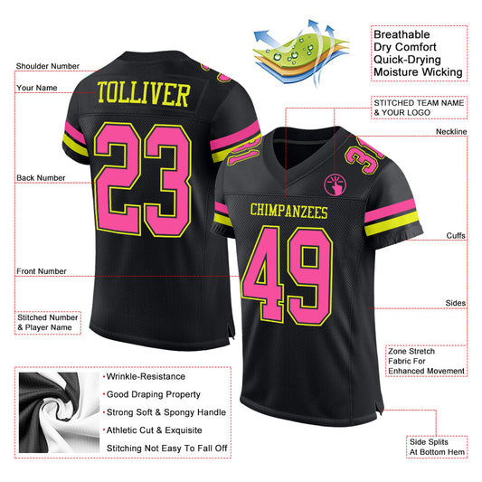 Custom Black Pink-Neon Yellow Mesh Authentic Football Jersey - Sky-Custom