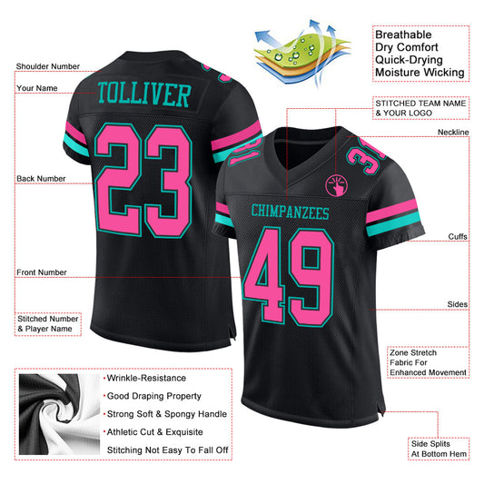 Custom Black Pink-Aqua Mesh Authentic Football Jersey - Sky-Custom
