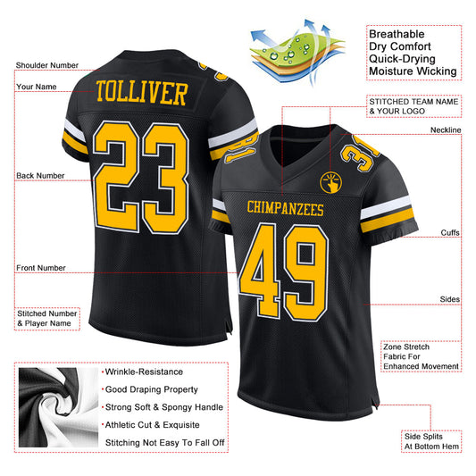 Custom Black Gold-White Mesh Authentic Football Jersey - Sky-Custom