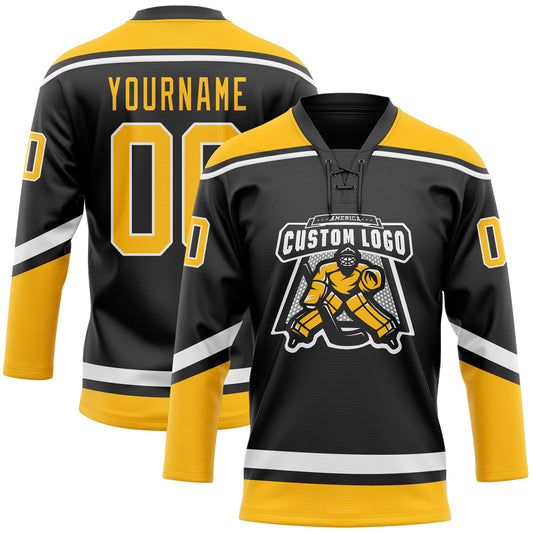 Custom Black Gold-White Hockey Lace Neck Jersey - Sky-Custom