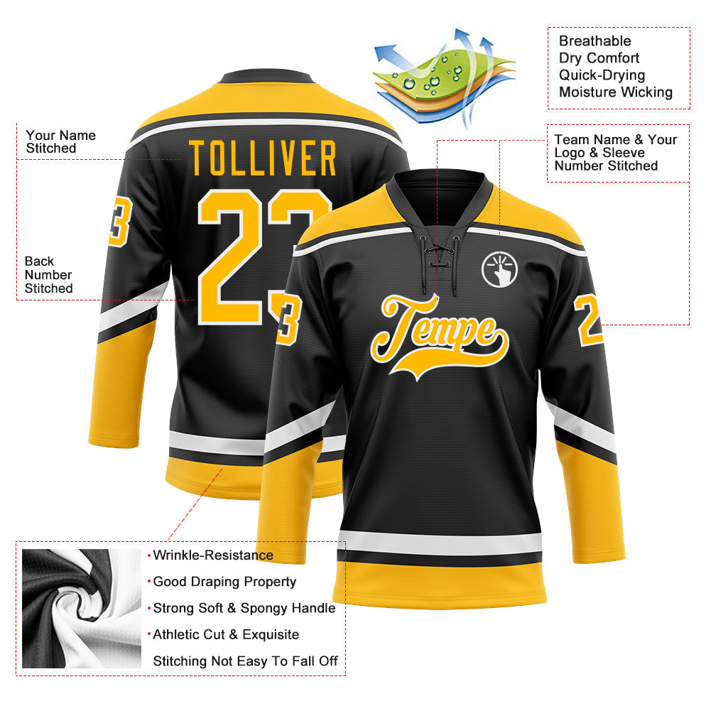 Custom Black Gold-White Hockey Lace Neck Jersey - Sky-Custom