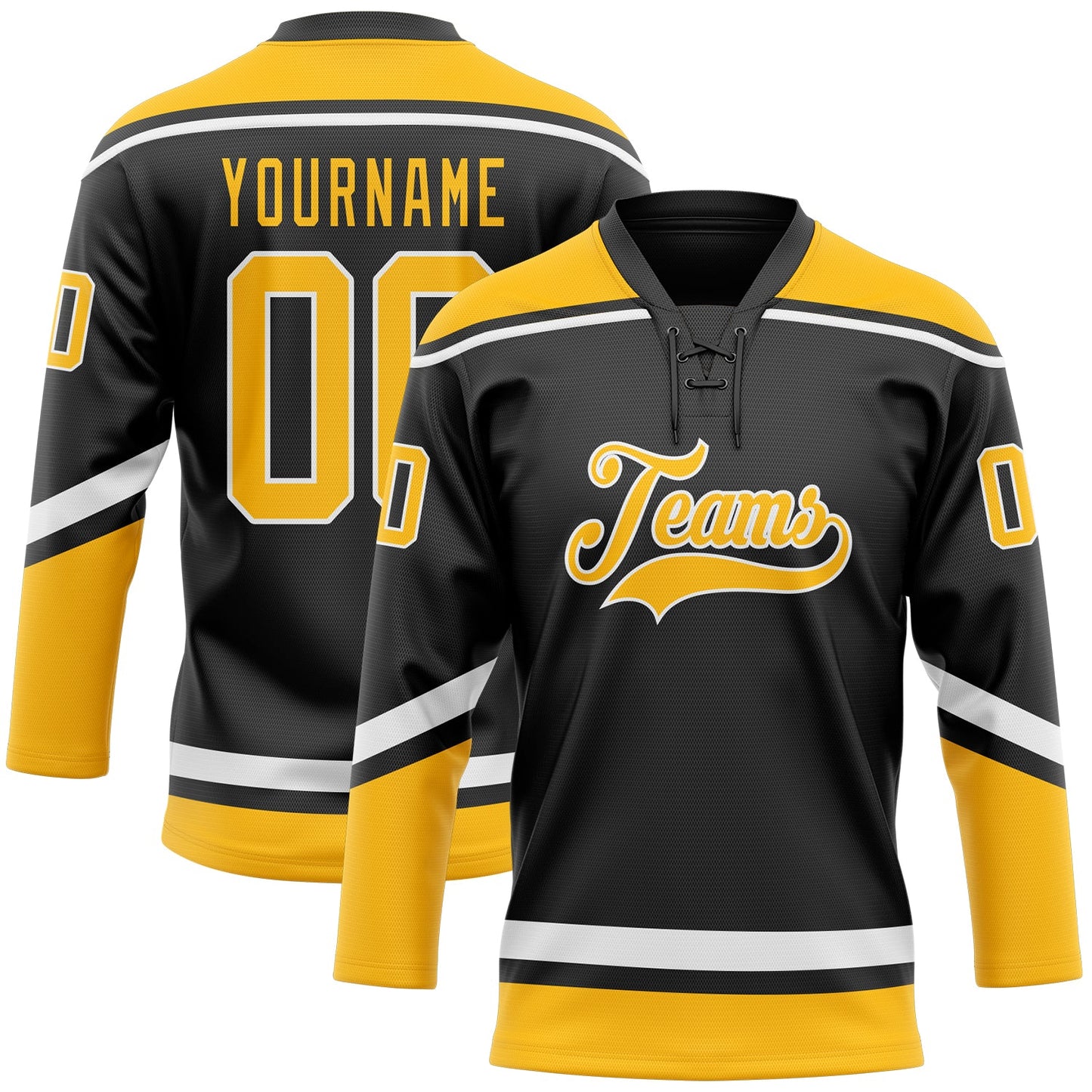Custom Black Gold-White Hockey Lace Neck Jersey - Sky-Custom