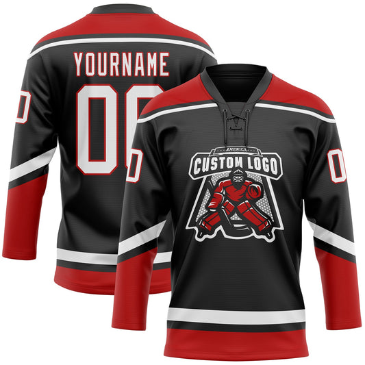 Custom Black White-Red Hockey Lace Neck Jersey - Sky-Custom