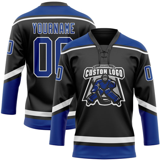 Custom Black Royal-White Hockey Lace Neck Jersey - Sky-Custom