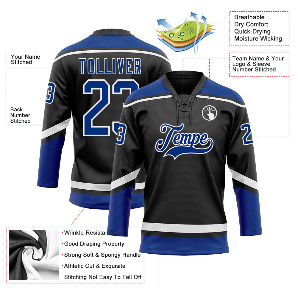 Custom Black Royal-White Hockey Lace Neck Jersey - Sky-Custom