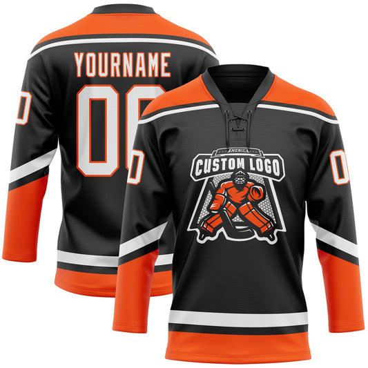 Custom Black White-Orange Hockey Lace Neck Jersey - Sky-Custom