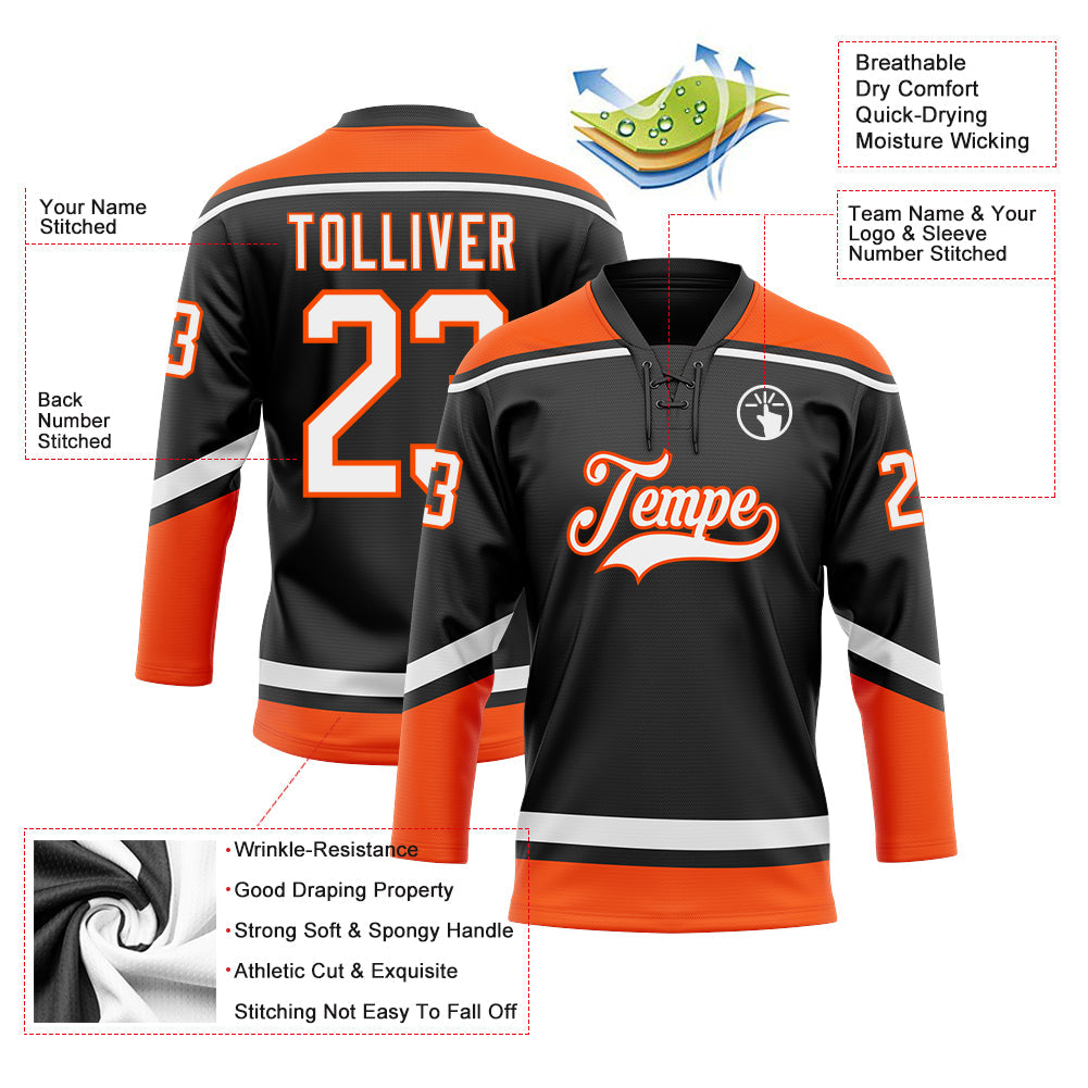 Custom Black White-Orange Hockey Lace Neck Jersey - Sky-Custom