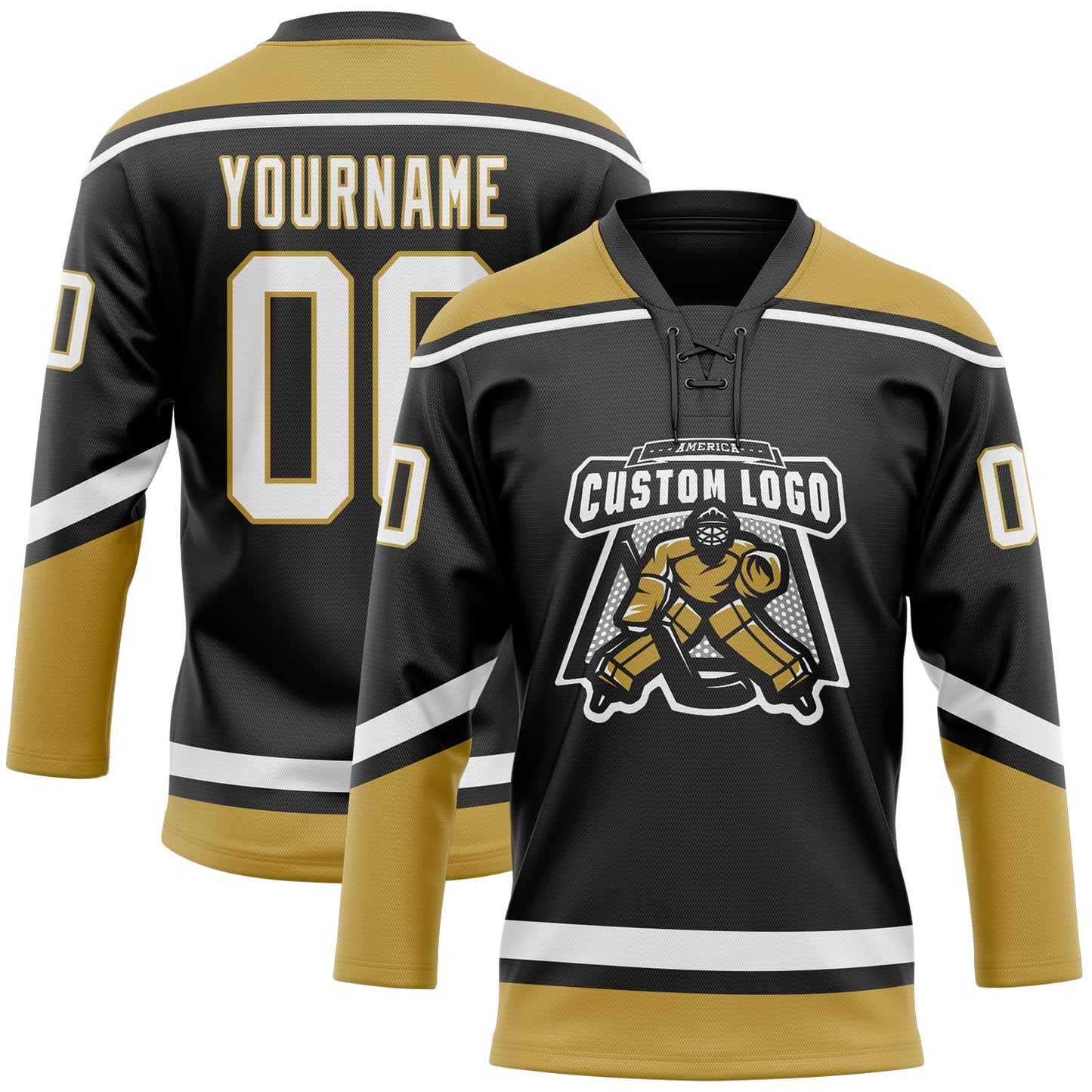 Custom Black White-Old Gold Hockey Lace Neck Jersey - Sky-Custom