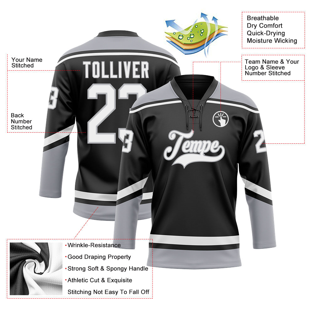 Custom Black White-Gray Hockey Lace Neck Jersey - Sky-Custom