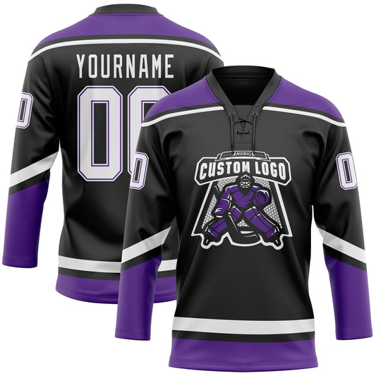 Custom Black White-Purple Hockey Lace Neck Jersey - Sky-Custom