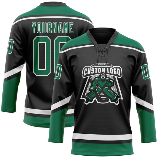 Custom Black White-Kelly Green Hockey Lace Neck Jersey - Sky-Custom