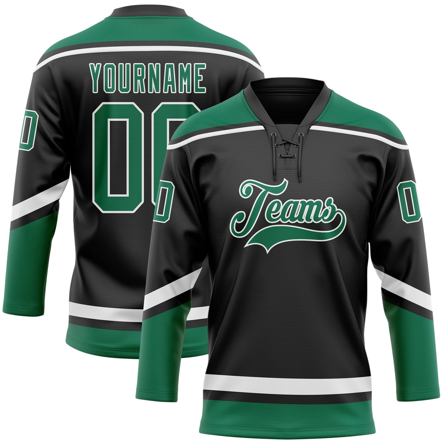 Custom Black White-Kelly Green Hockey Lace Neck Jersey - Sky-Custom