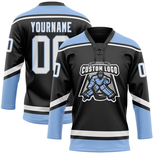 Custom Black White-Light Blue Hockey Lace Neck Jersey - Sky-Custom