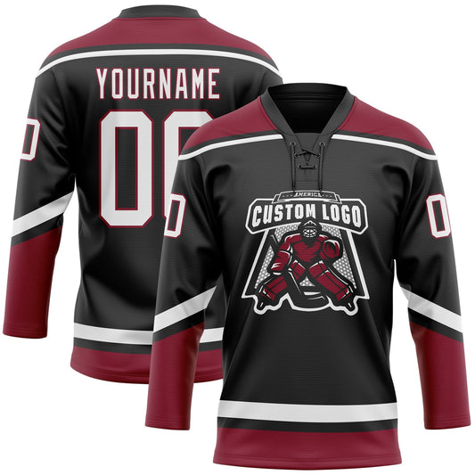 Custom Black White-Crimson Hockey Lace Neck Jersey - Sky-Custom