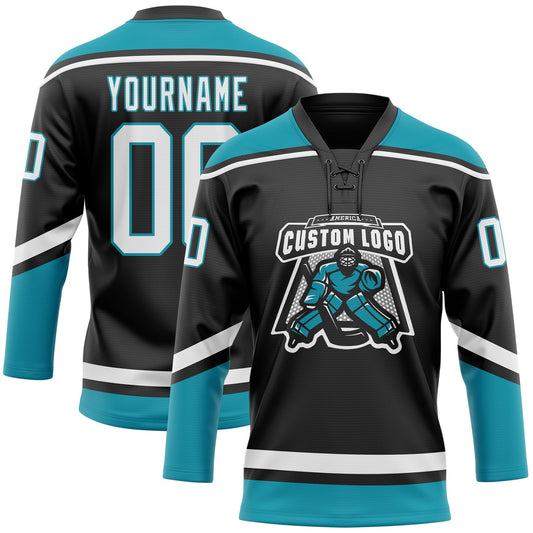 Custom Black White-Teal Hockey Lace Neck Jersey - Sky-Custom