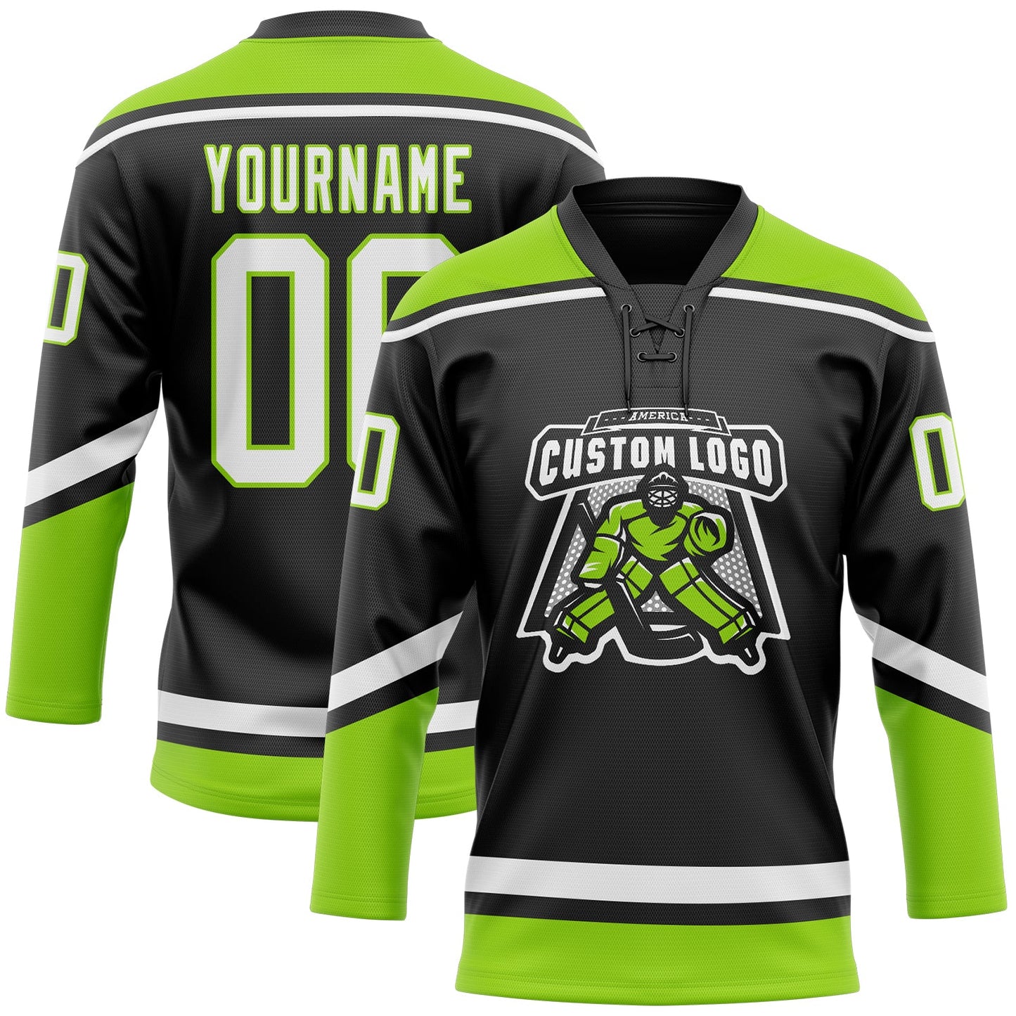 Custom Black White-Neon Green Hockey Lace Neck Jersey - Sky-Custom
