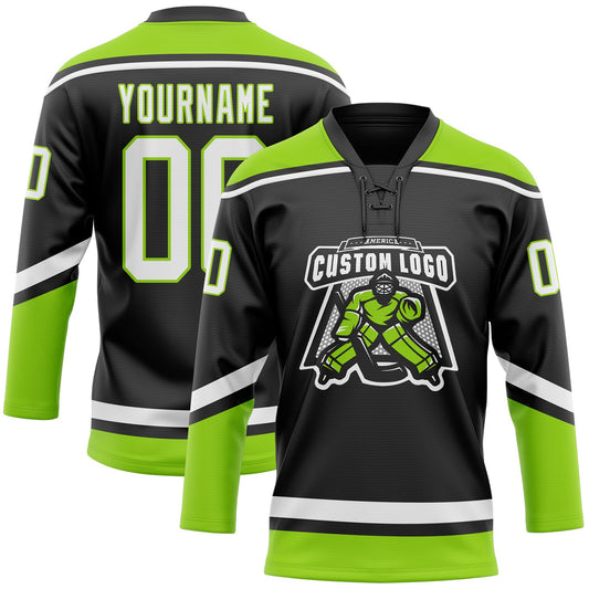 Custom Black White-Neon Green Hockey Lace Neck Jersey - Sky-Custom