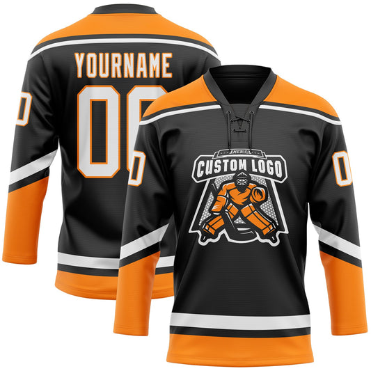 Custom Black White-Bay Orange Hockey Lace Neck Jersey - Sky-Custom