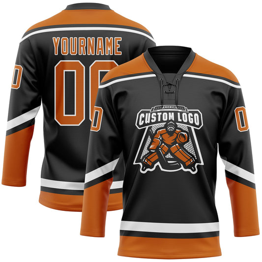 Custom Black Texas Orange-White Hockey Lace Neck Jersey - Sky-Custom