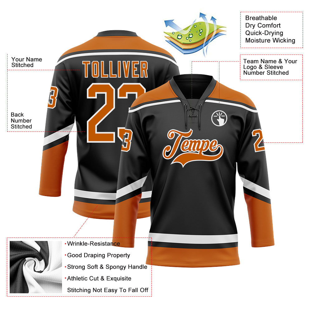 Custom Black Texas Orange-White Hockey Lace Neck Jersey - Sky-Custom