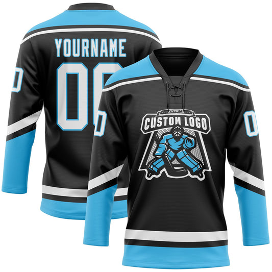 Custom Black White-Sky Blue Hockey Lace Neck Jersey - Sky-Custom