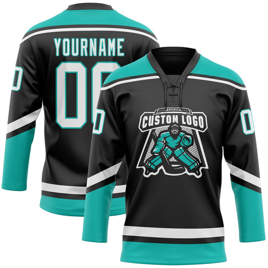 Custom Black White-Aqua Hockey Lace Neck Jersey - Sky-Custom