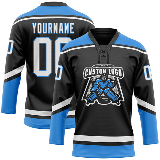 Custom Black White-Powder Blue Hockey Lace Neck Jersey - Sky-Custom