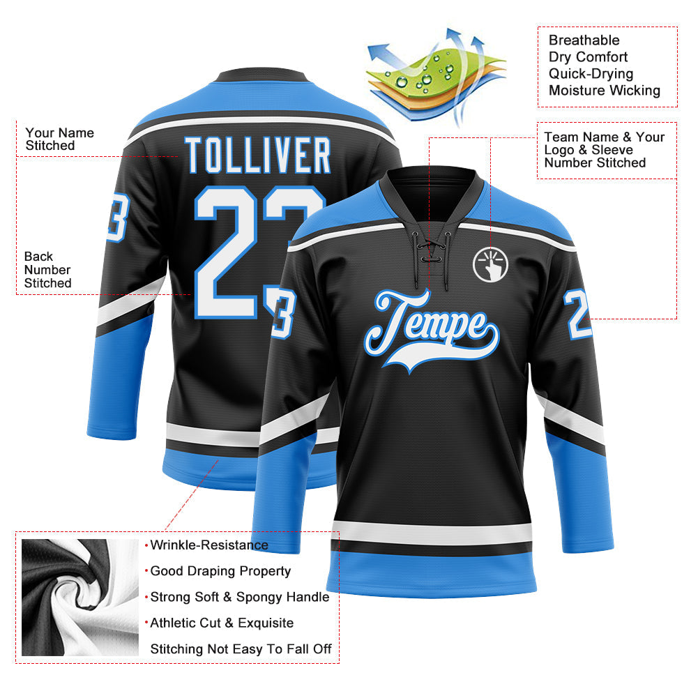 Custom Black White-Powder Blue Hockey Lace Neck Jersey - Sky-Custom