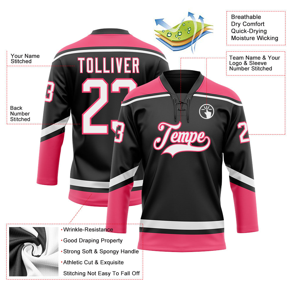 Custom Black White-Neon Pink Hockey Lace Neck Jersey - Sky-Custom