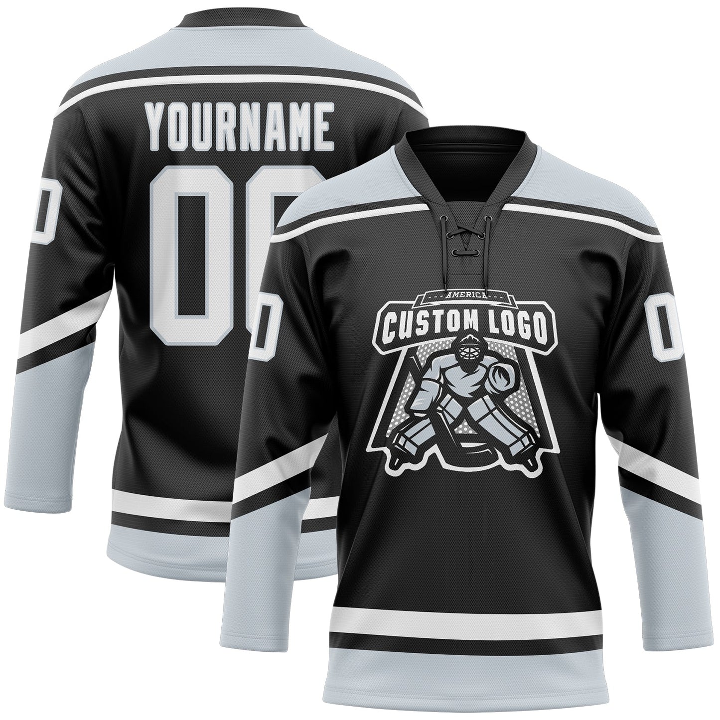 Custom Black White-Silver Hockey Lace Neck Jersey - Sky-Custom