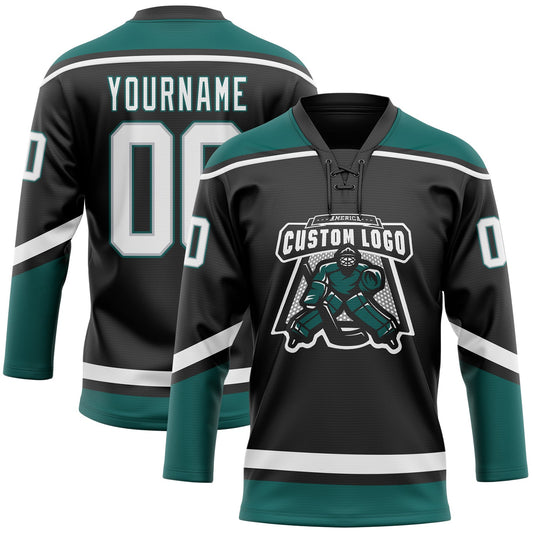 Custom Black White Gray-Midnight Green Hockey Lace Neck Jersey - Sky-Custom