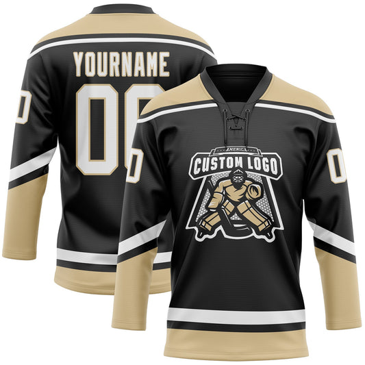 Custom Black White-Old Gold Hockey Lace Neck Jersey - Sky-Custom