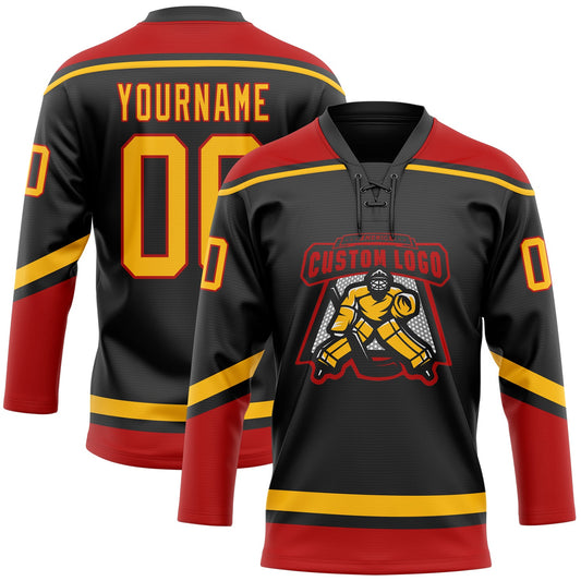 Custom Black Gold-Red Hockey Lace Neck Jersey - Sky-Custom