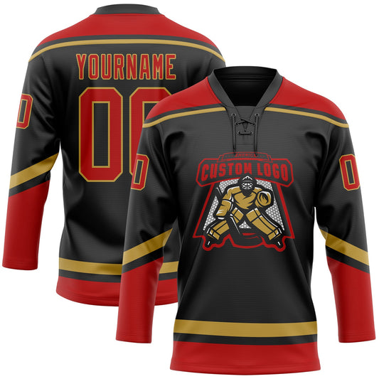 Custom Black Red-Old Gold Hockey Lace Neck Jersey - Sky-Custom