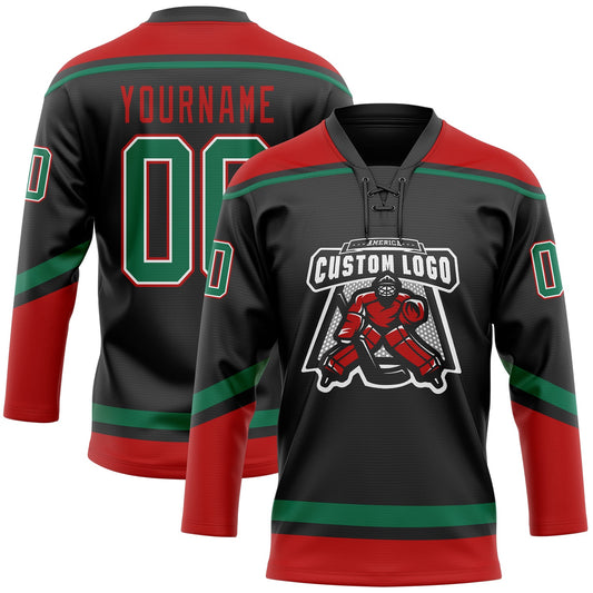 Custom Black Kelly Green-Red Hockey Lace Neck Jersey - Sky-Custom