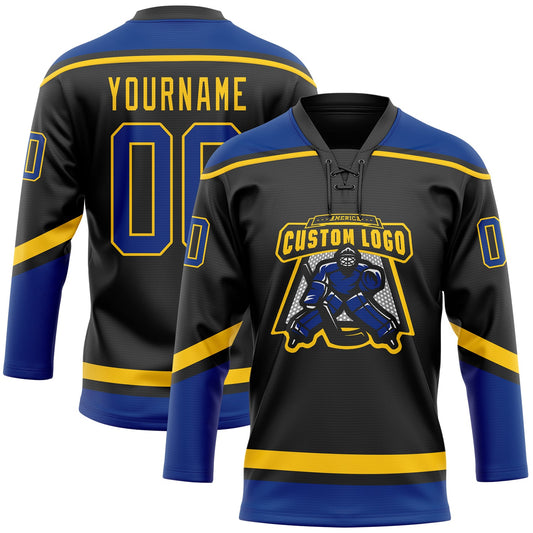 Custom Black Royal-Yellow Hockey Lace Neck Jersey - Sky-Custom