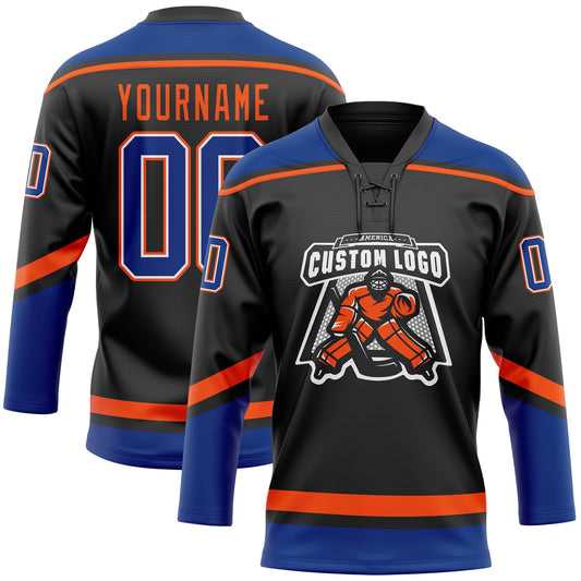 Custom Black Royal-Orange Hockey Lace Neck Jersey - Sky-Custom