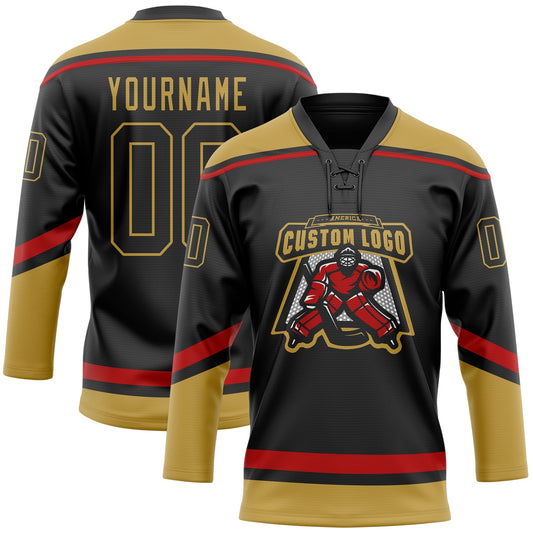 Custom Black Old Gold-Red Hockey Lace Neck Jersey - Sky-Custom
