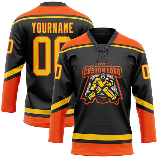 Custom Black Yellow-Orange Hockey Lace Neck Jersey - Sky-Custom