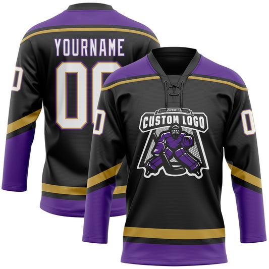 Custom Black White Old Gold-Purple Hockey Lace Neck Jersey - Sky-Custom