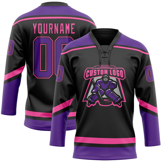 Custom Black Purple-Pink Hockey Lace Neck Jersey - Sky-Custom