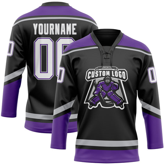 Custom Black White Purple-Gray Hockey Lace Neck Jersey - Sky-Custom