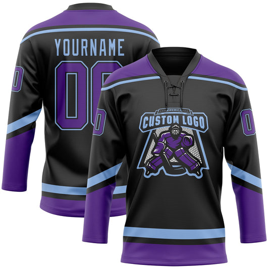 Custom Black Purple-Light Blue Hockey Lace Neck Jersey - Sky-Custom