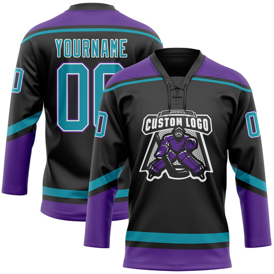 Custom Black Teal-White Hockey Lace Neck Jersey - Sky-Custom
