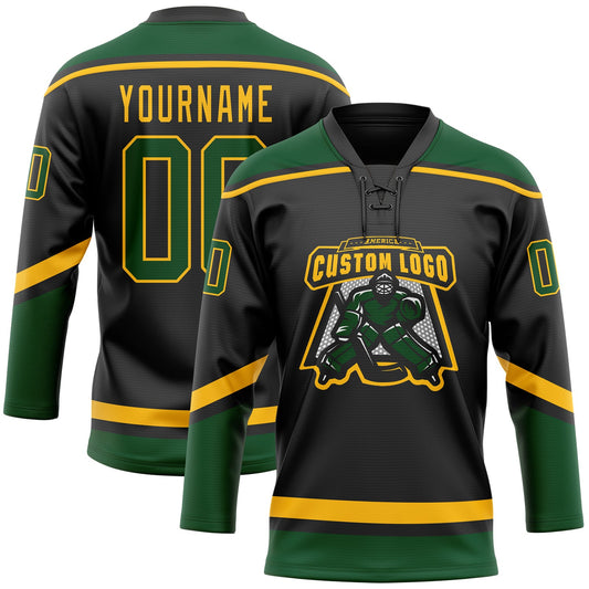 Custom Black Green-Gold Hockey Lace Neck Jersey - Sky-Custom