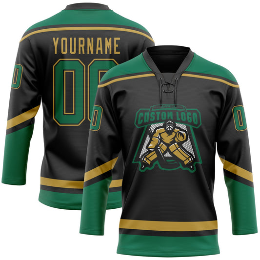 Custom Black Kelly Green-Old Gold Hockey Lace Neck Jersey - Sky-Custom